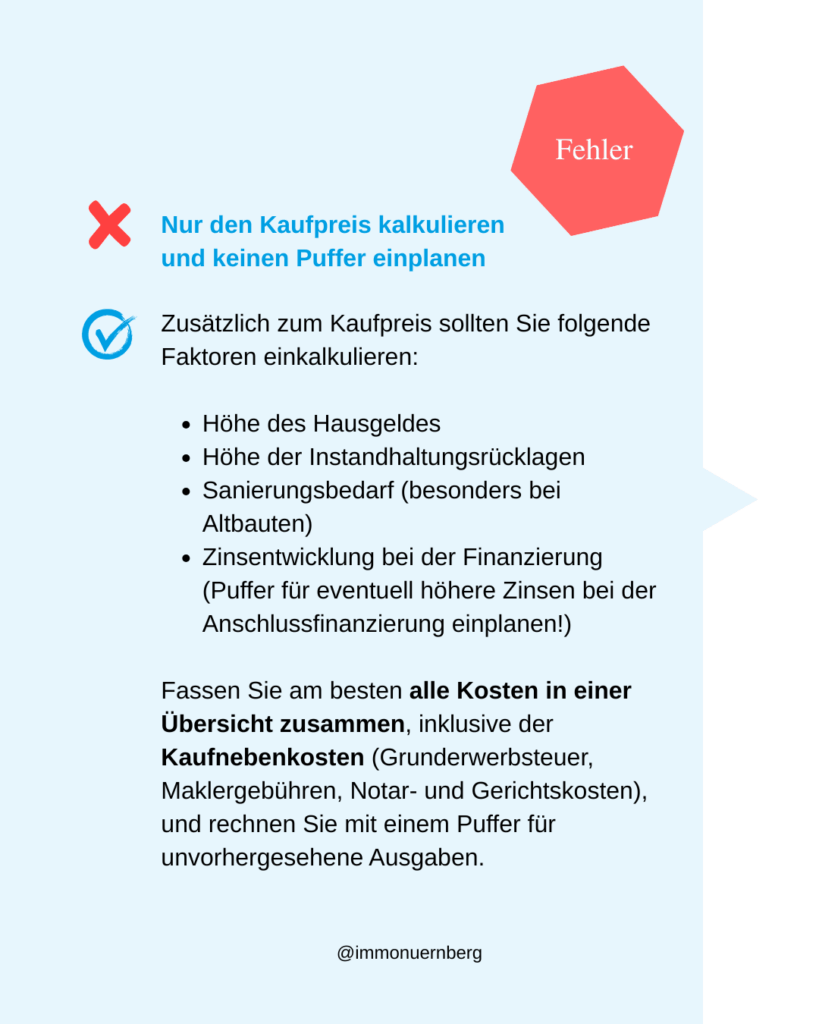 Fehler beim Wohnungskauf: Nur den Kaufpreis kalkulieren und keinen Puffer einplanen